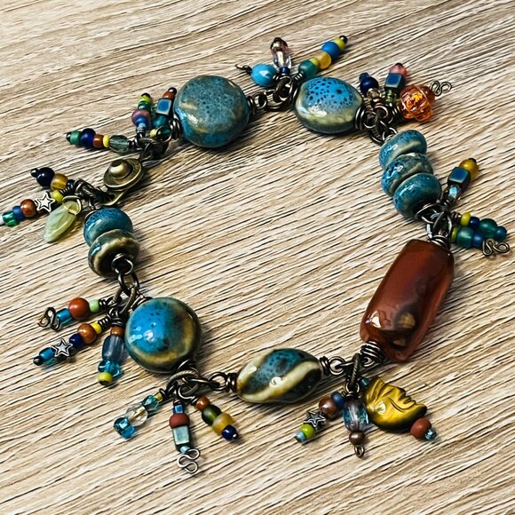 Handmade Carnelian Stone & Ceramic Charm Bracelet: Boho Eclectic Beaded Jewelry - Picture 8 of 8